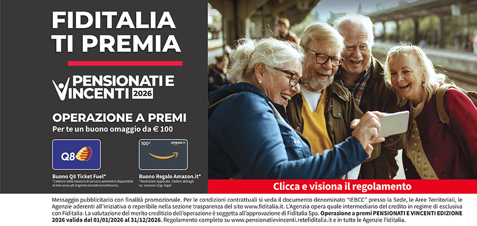 Agenzia Bogliacino Andrea Fiditalia | Savona, Alessandria | Fiditalia ti premia - Vicni un omaggio da €100. Operazione a premi. Clicca e visiona il regolamento. Operazione a premi PENSIONATI E VINCENTI 2025 valida dal 01/01/2025 al 31/12/2025. Regolamento completo www.pensionatievincenti.retefiditalia.it